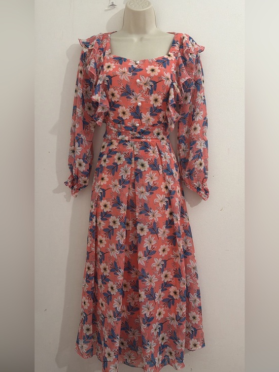 Dresses & Skirts - Floral Coral Maxi Dress with Ruffle Details fit s and m
